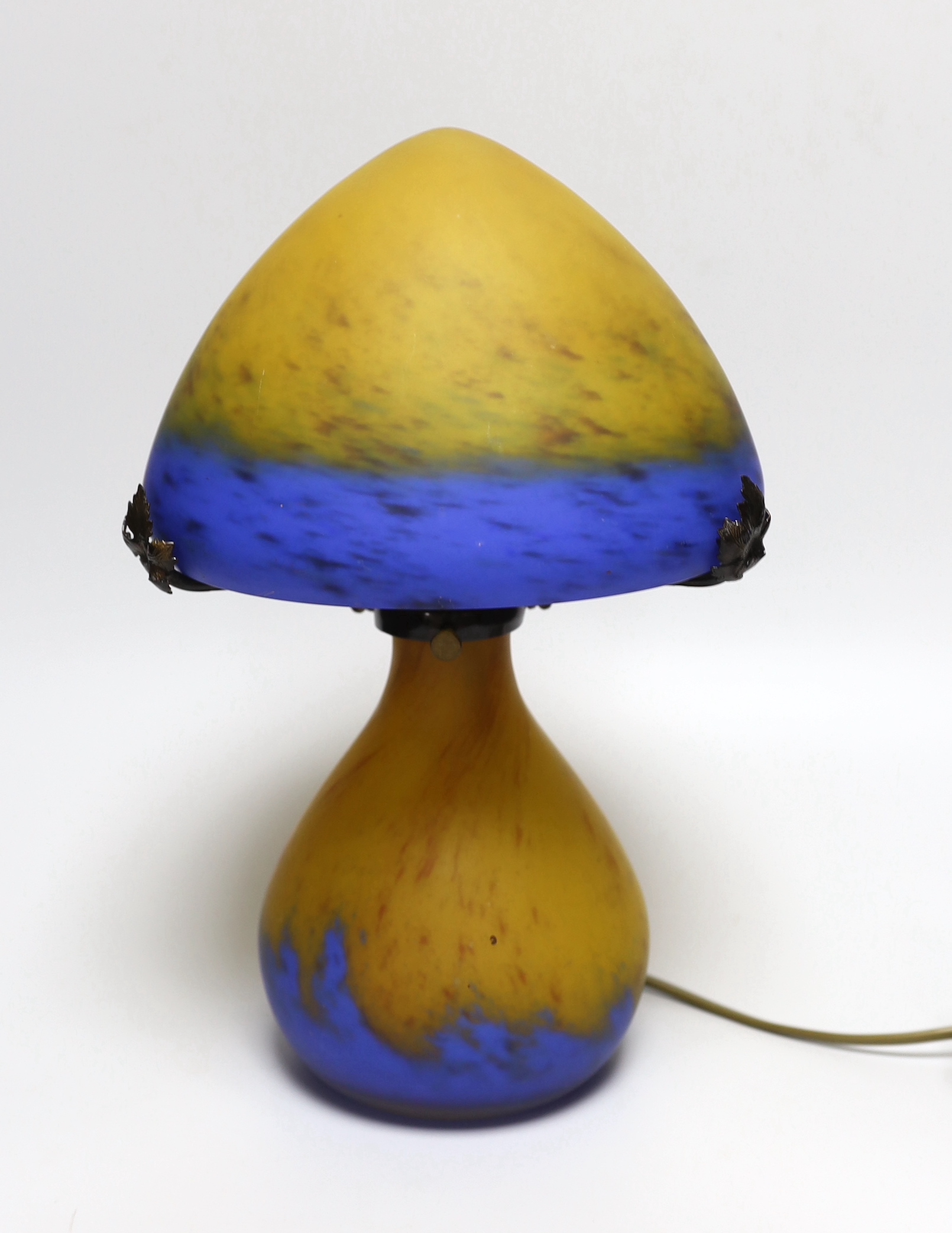 A French La Rochere glass mushroom table lamp, inscribed to the base, 33cm high